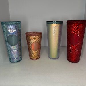 LOT OF 4 STARBUCKS Tumblers-Mermaid Tail-Rose Gold Jeweled-Frosted-Red Holiday